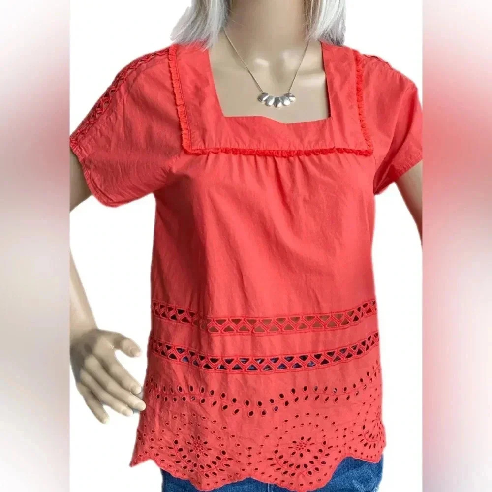 Madewell Top Angelica Rusty Orange Eyelet Short Sleeve Blouse Women’s Size XS - Picture 6 of 12